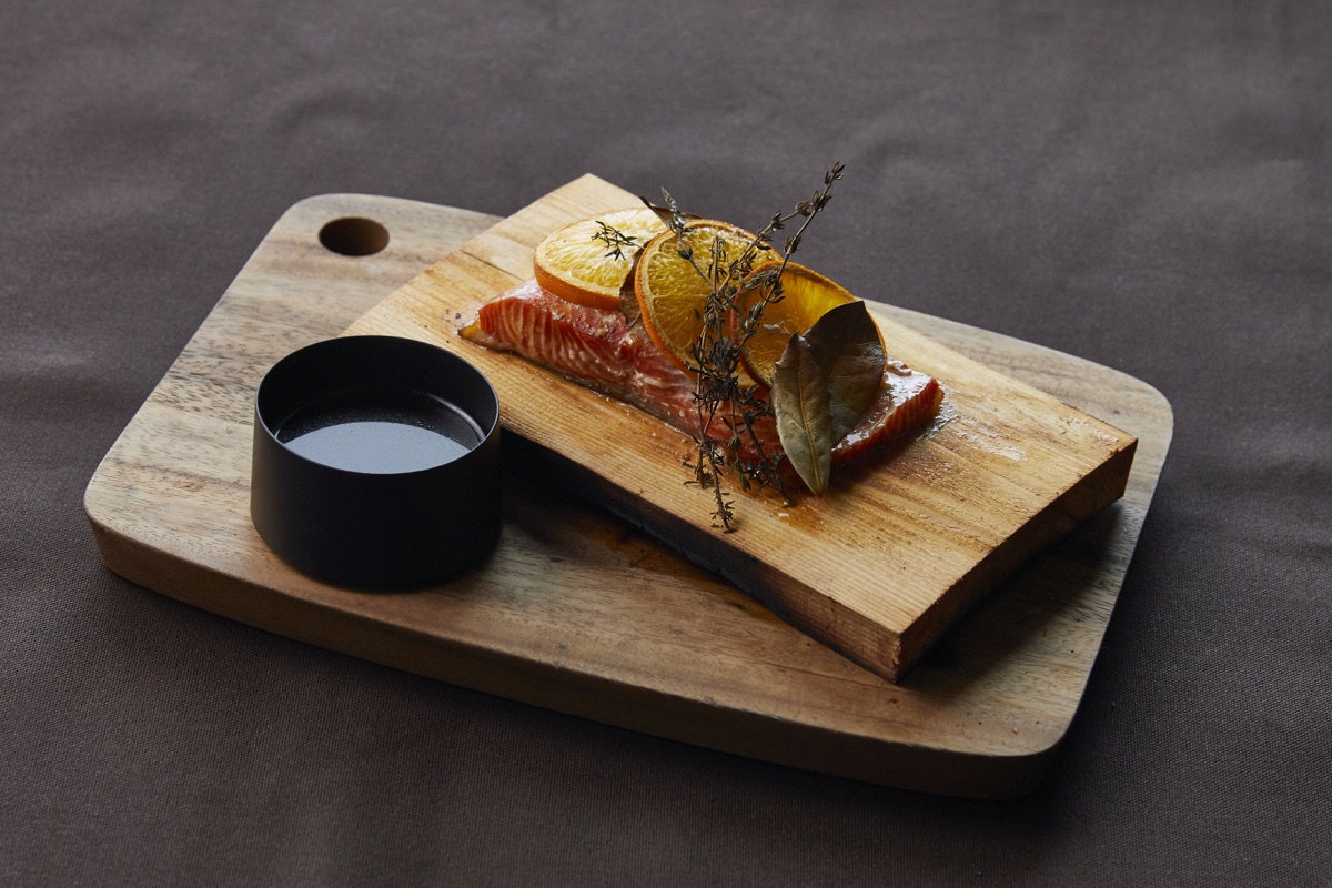 Plank-grilled salmon